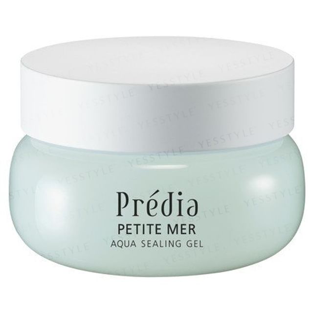 Kose Predia Petite Mer Aqua Sealing Gel jar and close-up of the gel texture, showcasing its refreshing and hydrating qualities.