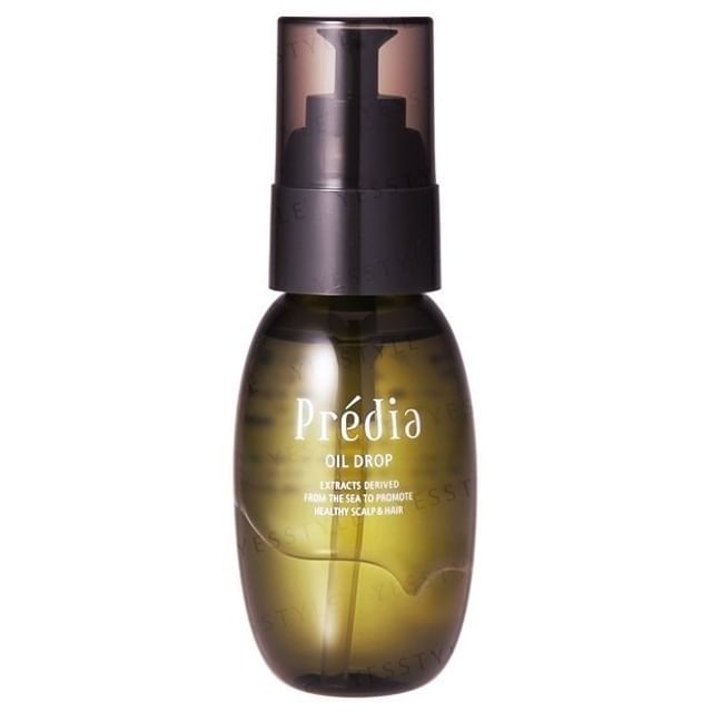 Kose Predia Oil Drop Hair Oil bottle with shimmering, healthy hair.