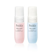 Kose Predia Spa et Mer Mineral Day Essence SPF 30 PA+++ bottle on a white surface with soft lighting, showcasing the product's elegant packaging and texture.