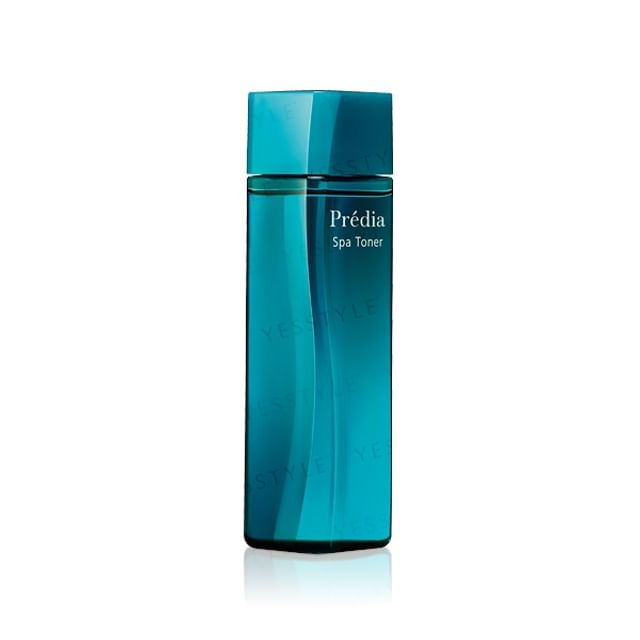 Kose Predia Spa Toner bottle on a serene background with marine elements.
