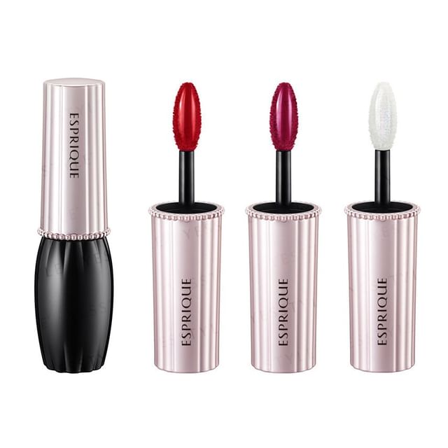 Kose Esprique Vinyl Glow Rouge lipstick in various shades, showcasing the high-shine finish and rich color payoff.