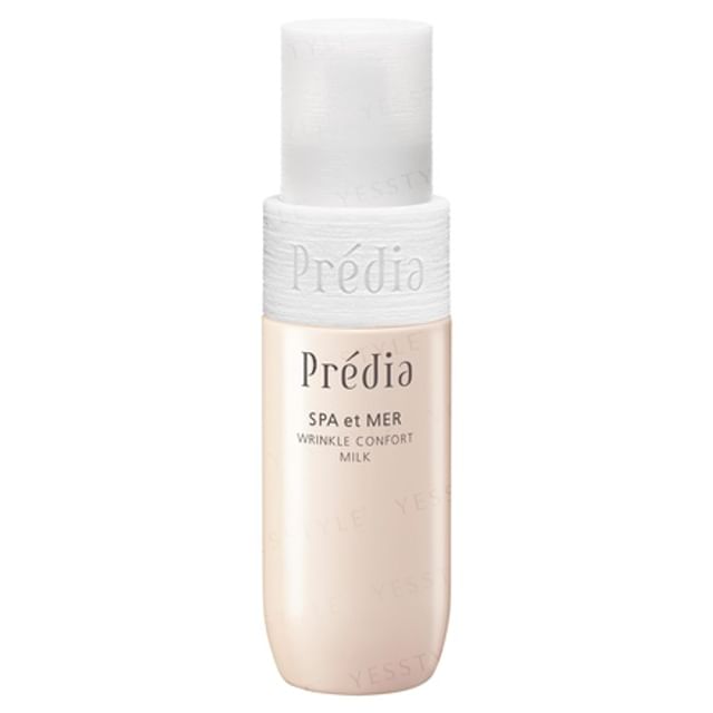 Kose Predia Spa et Mer Wrinkle Confort Milk bottle on a serene marine-themed background, showcasing its anti-aging benefits.