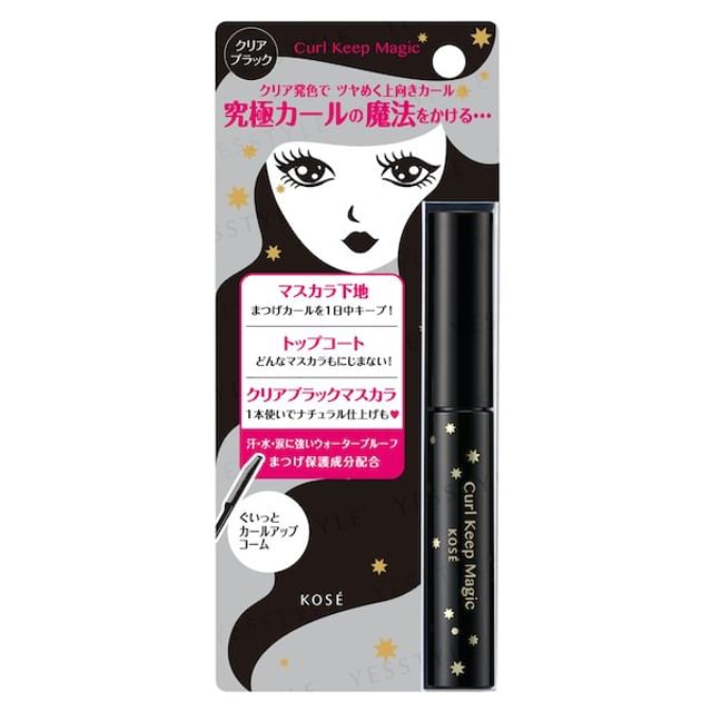 Kose Curl Keep Magic Mascara Clear Black tube and wand, showcasing the clear black formula and curl-enhancing brush.