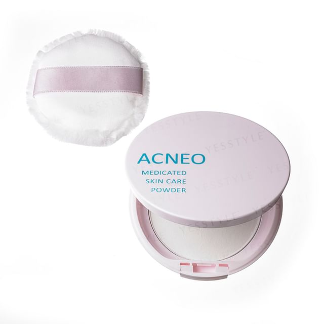 Kose Acneo Medicated Skin Care Powder - Tone-Up treatment for acne-prone skin, showing product packaging and application.