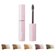 Kose Fasio Eyebrow Mascara product shot, close-up of wand, model with perfectly defined eyebrows.