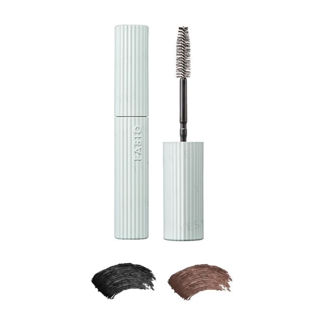 Kose Fasio Permanent Curl Mascara Waterproof Volume - Close-up showing the mascara brush and results on lashes.