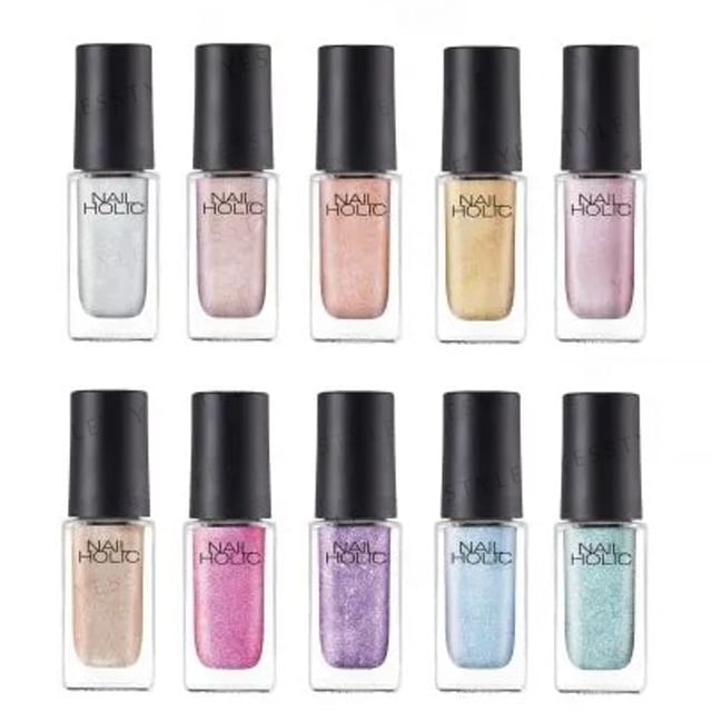 Kose Nail Holic Future Metal nail polish collection, showcasing various metallic chrome shades.
