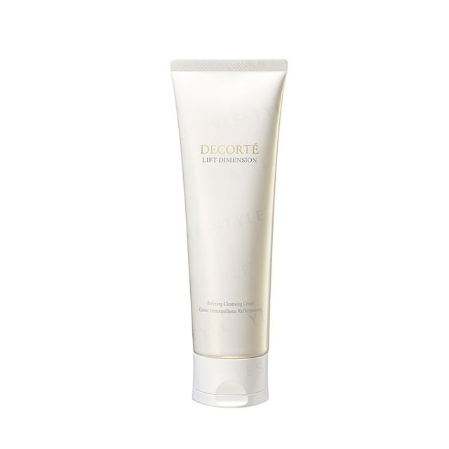 Kose DECORTE Lift Dimension Refining Cleansing Cream jar and texture close-up showcasing its luxurious consistency.