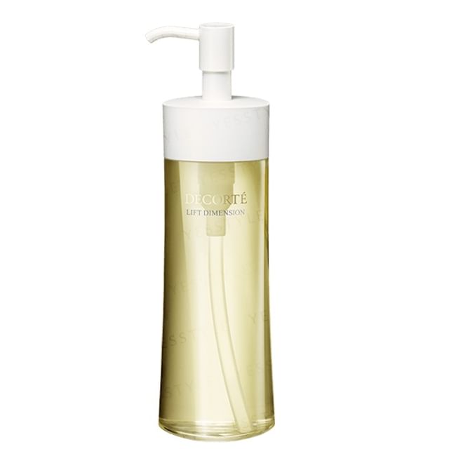 Kose DECORTE Lift Dimension Smoothing Cleansing Oil bottle on a soft background, showcasing its luxurious texture.