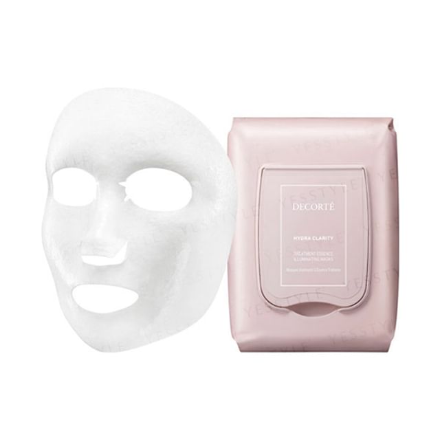 Kose DECORTE Hydra Clarity Treatment Essence Illuminating Masks packaging and individual mask.