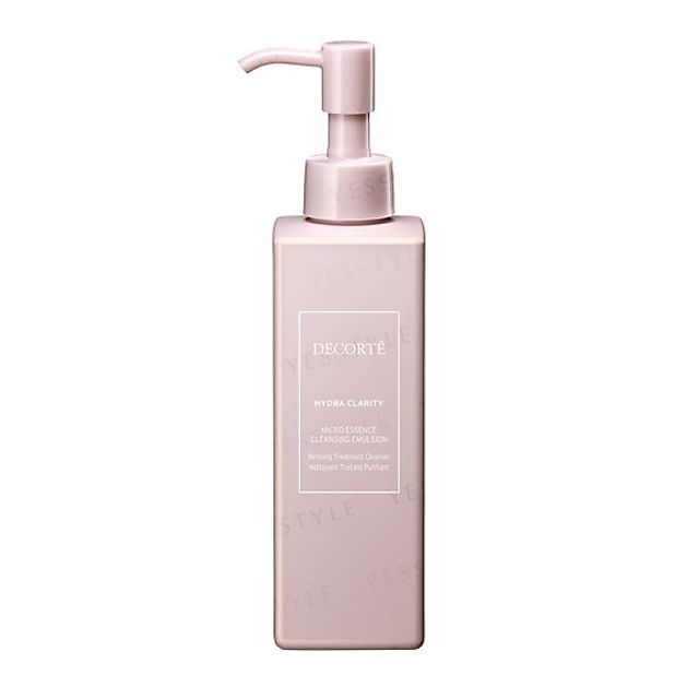 Kose DECORTE Hydra Clarity Micro Essence Cleansing Emulsion bottle displayed on a clean white surface, highlighting its elegant packaging.
