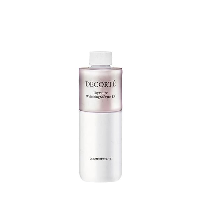 Kose DECORTE Phytotune Whitening Softener ER bottle, showcasing its luxurious design and highlighting its brightening and hydrating benefits for oily to combination skin.