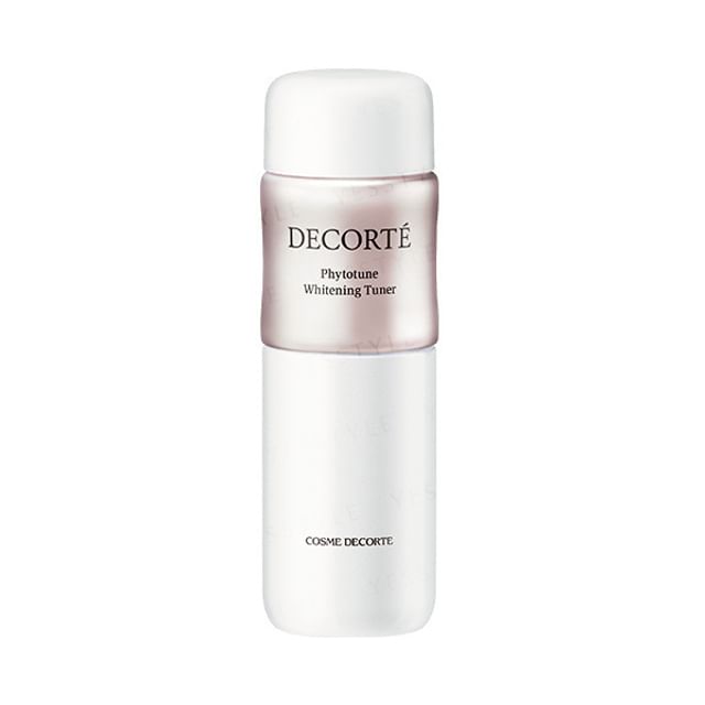 Kose DECORTE Phytotune Whitening Tuner bottle with product application on cotton pad, showcasing radiant skin
