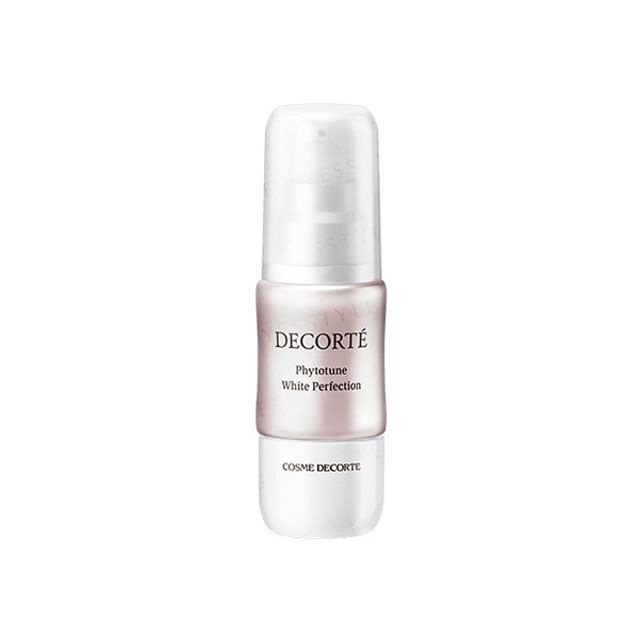 Kose DECORTE Phytotune White Perfection bottle on a clean, bright background showcasing its radiant skin benefits.