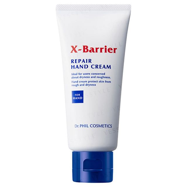 Kose Dr. PHIL Cosmetics X-Barrier Repair Hand Cream - Close-up shot showcasing the creamy texture and packaging details, emphasizing its hydrating and protective qualities.