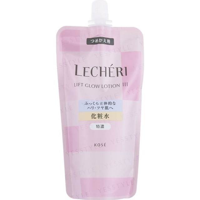 Kose Lecheri Lift Glow Lotion III Super Moist: Close-up of bottle highlighting moisturizing and anti-aging benefits.