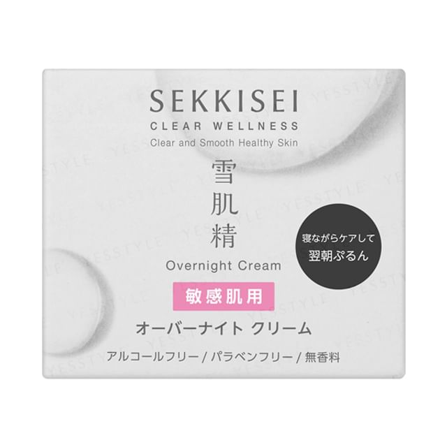 Kose Sekkisei Clear Wellness Overnight Cream jar on a white background, highlighting its smooth texture and elegant packaging.