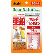 Asahi Dear-Natura Style Zinc x Multivitamin - 20 Day Supply: Close-up of tablets and packaging showcasing essential vitamins and minerals for daily health.