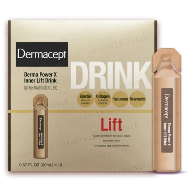 Rohto Mentholatum Dermacept Derma Power X Inner Drink bottle showcasing its radiant skin benefits.