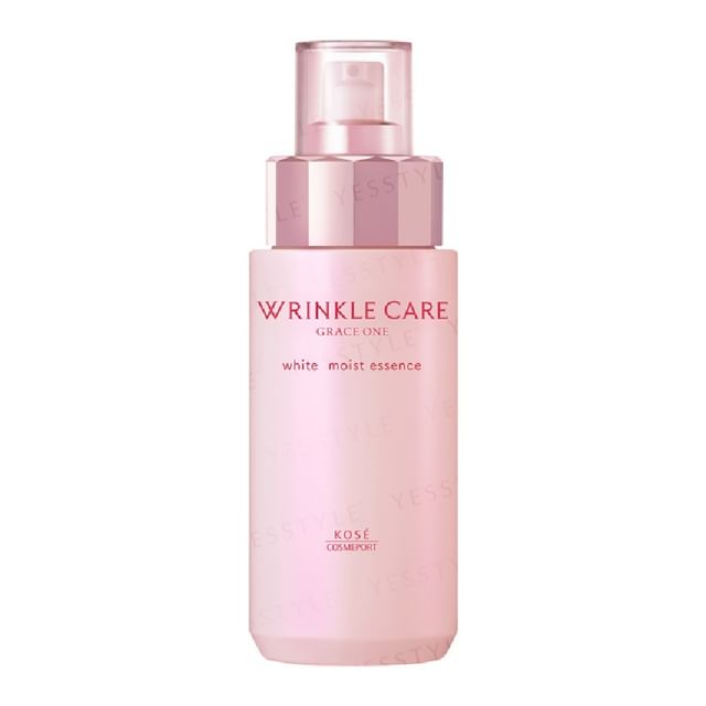 Kose Grace One Wrinkle Care White Moist Essence bottle and product texture, highlighting whitening and anti-aging benefits.