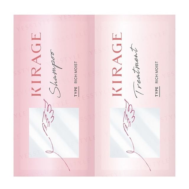 Kose Kirage Rich Moist Hair Shampoo & Treatment Trial Kit - Shampoo and treatment bottles side-by-side, showcasing the product's hydrating benefits.