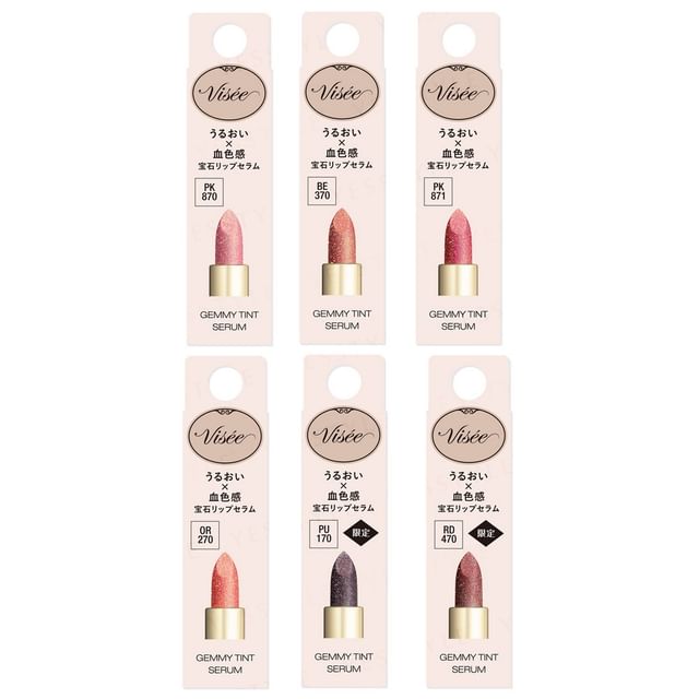 Kose Visee Gemmy Tint Serum Limited Edition - Various shades displayed, highlighting the gem-like shine and vibrant colors.