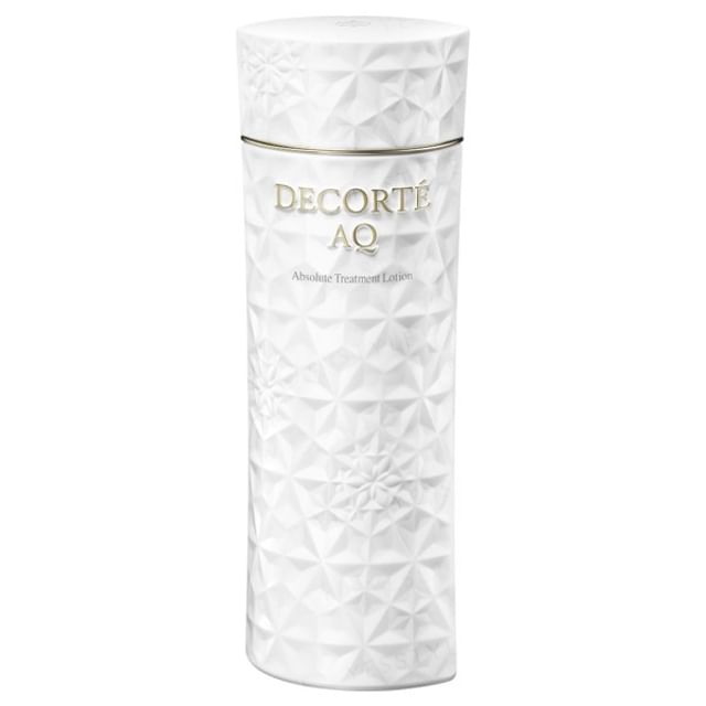 Kose DECORTE AQ Absolute Treatment Lotion Hydro Infuse bottle on a neutral background, highlighting its elegant packaging and texture.