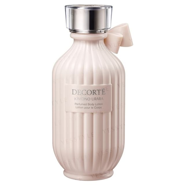 Kose DECORTE Kimono Urara Perfumed Body Lotion bottle displayed against a soft, elegant background showcasing its luxurious texture and fragrance notes.