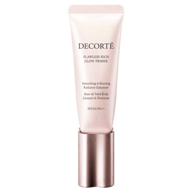 Kose DECORTE Flawless Rich Glow Primer SPF 20 PA++ in elegant packaging.