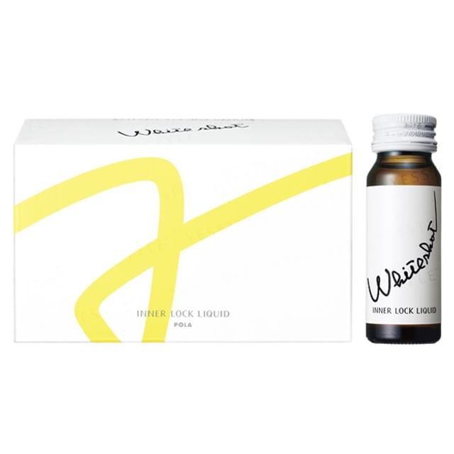 POLA White Shot Inner Lock Liquid: A box of 10 bottles of liquid beauty supplement for promoting brighter, more even skin tone.