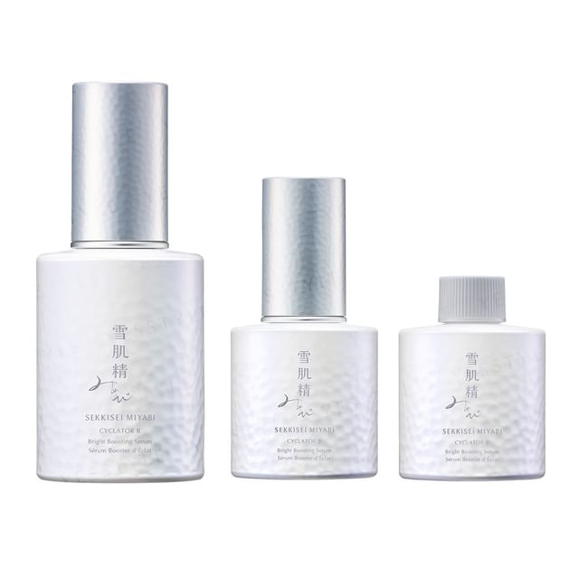 Kose Sekkisei Miyabi Cyclator B Bright Boosting Serum bottle showcasing its radiant effect.