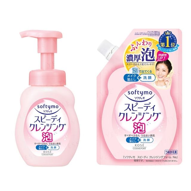 Kose Softymo Speedy Cleansing Foam bottle with foamy texture visible.