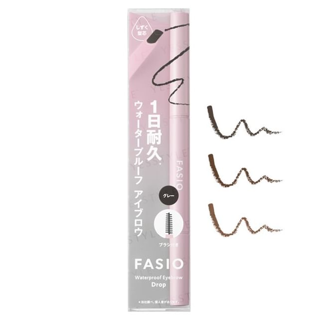 Kose Fasio Waterproof Drop-Shaped Core Eyebrow Pencil - Close-up showing the unique drop shape and product application.