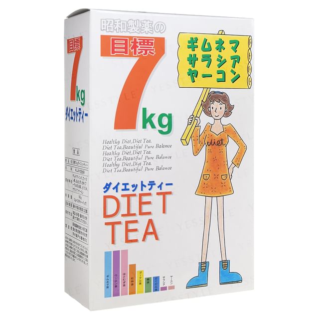 Bag of Showa Seiyaku Target 7kg Diet Tea with a cup of brewed tea and scattered herbs.