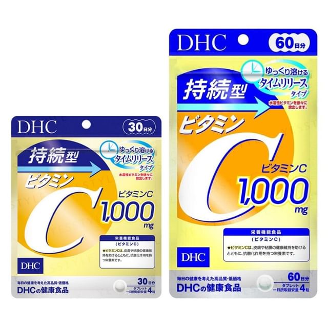DHC Sustained-Release Vitamin C Tablets bottle and tablets, highlighting sustained-release technology and benefits.