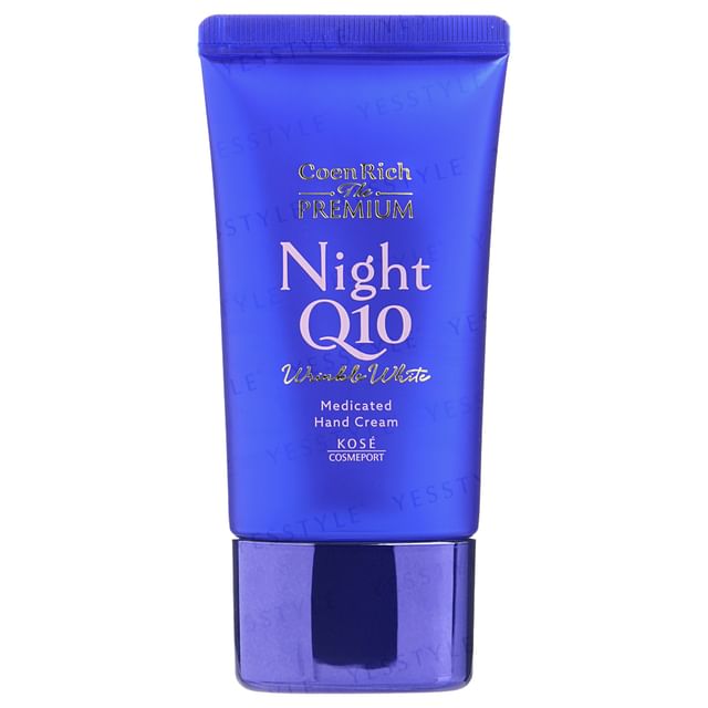 Kose CoenRich The Premium Q10 Wrinkle White Night Medicated Hand Cream jar and tube