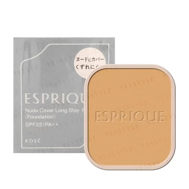 Kose Esprique Nude Cover Long Stay Pact powder foundation in its compact, showcasing the available shades and smooth texture.