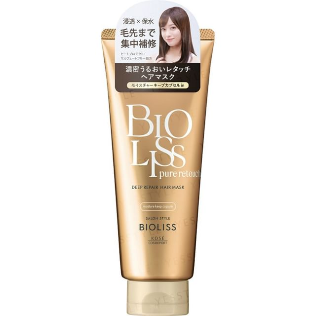 Kose Bioliss Pure Retouch Deep Repair Hair Mask jar and application on healthy, shiny hair.