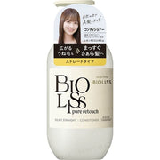 Kose Bioliss Pure Retouch Silky Straight Conditioner bottle with smooth, shiny hair in the background.