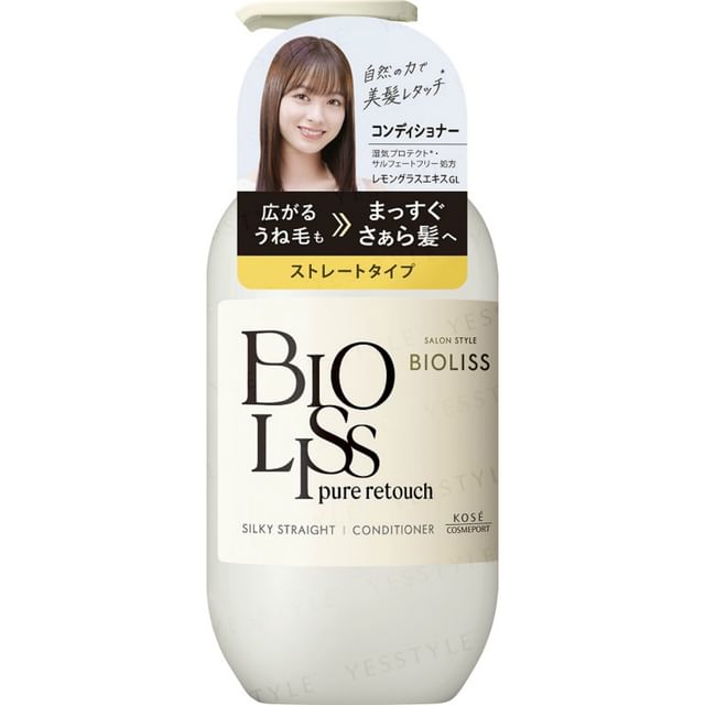 Kose Bioliss Pure Retouch Silky Straight Conditioner bottle with smooth, shiny hair in the background.