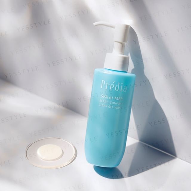 Kose Predia Spa et Mer Blanc Comfort Clear Gel Wash bottle on a light background, showcasing its texture and elegant packaging.