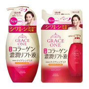 Kose Grace One Wrinkle Lift Milky Lotion bottle with product application.