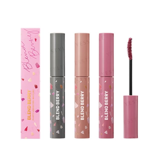 Kose Blend Berry Fluffy Long Curl Mascara showing the wand and enhanced lashes.