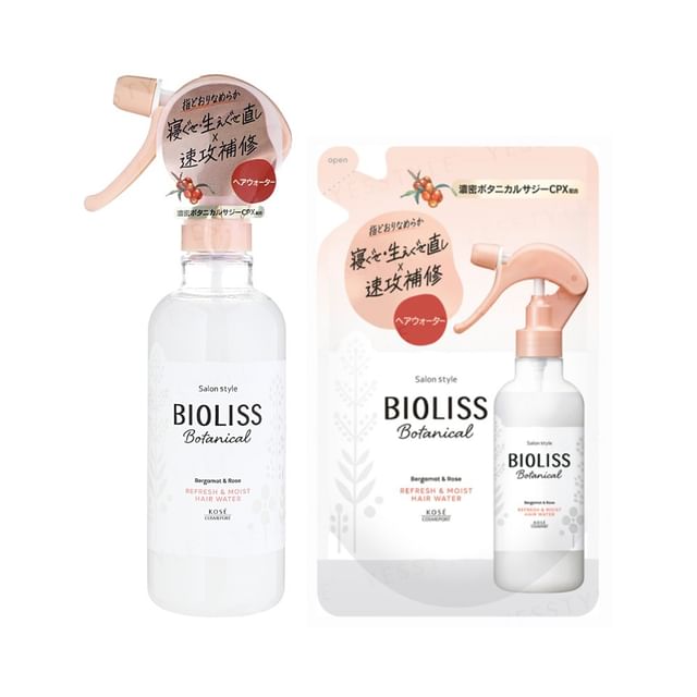 Kose Bioliss Botanical Refresh & Moist Hair Water bottle with botanical illustrations.