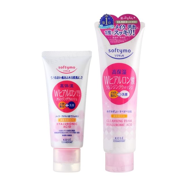 Kose Softymo Hyaluronic Acid Cleansing Foam bottle displayed with rich, creamy lather on hand, highlighting its hydrating properties.