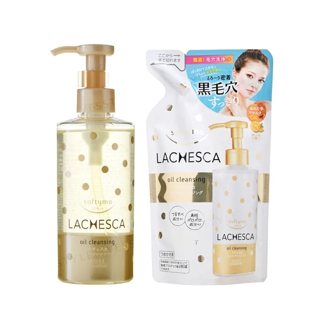 Kose Softymo Lachesca Oil Cleansing bottle displayed with pump, highlighting its smooth texture and cleansing power.