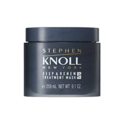 Kose Stephen Knoll Deep & Renew Treatment Mask jar and styled hair showing shine and health.