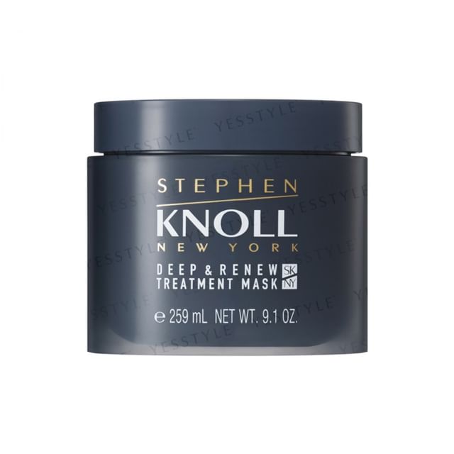 Kose Stephen Knoll Deep & Renew Treatment Mask jar and styled hair showing shine and health.