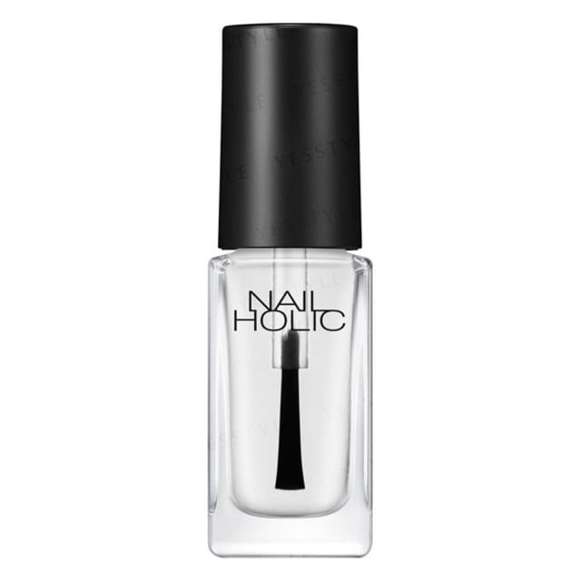 Kose Nail Holic Quick Dry Oil bottle with freshly painted nails, showcasing a glossy, smudge-free finish.