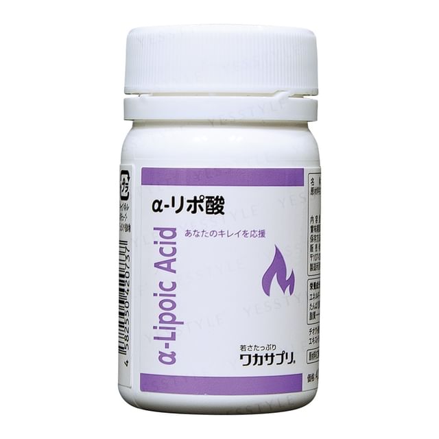 wakasapri Alpha-Lipoic Acid supplement bottle, capsules displayed, promoting cellular energy and antioxidant defense.